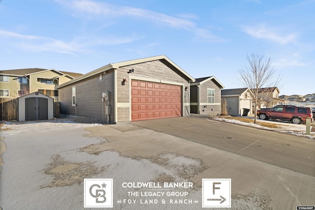 ranch-style home featuring a storage shed