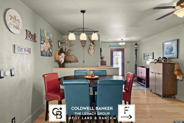 dining space with a textured ceiling, light hardwood / wood-style flooring, and ceiling fan