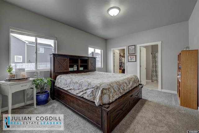 carpeted bedroom with connected bathroom, a spacious closet, and a closet