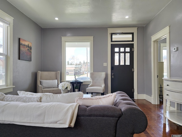 living room with dark hardwood / wood-style flooring