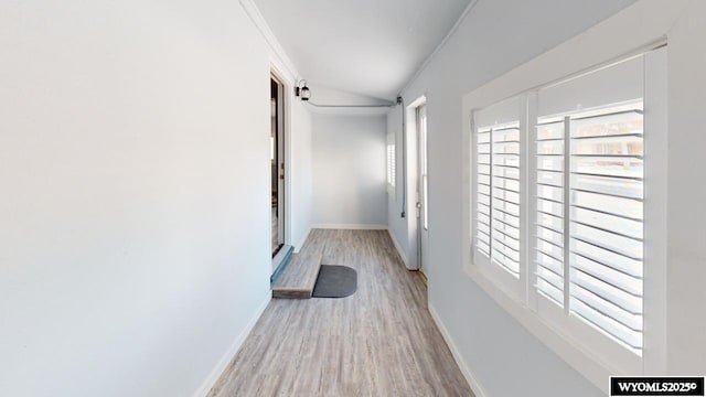 hallway with light hardwood / wood-style floors and lofted ceiling