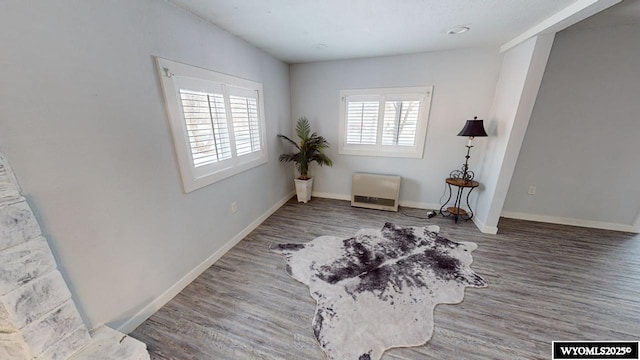 sitting room with heating unit, plenty of natural light, and hardwood / wood-style flooring