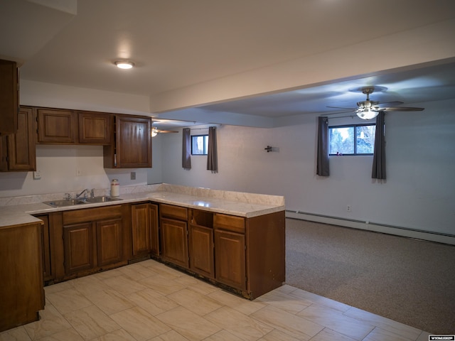 kitchen featuring a baseboard radiator, light carpet, sink, kitchen peninsula, and ceiling fan