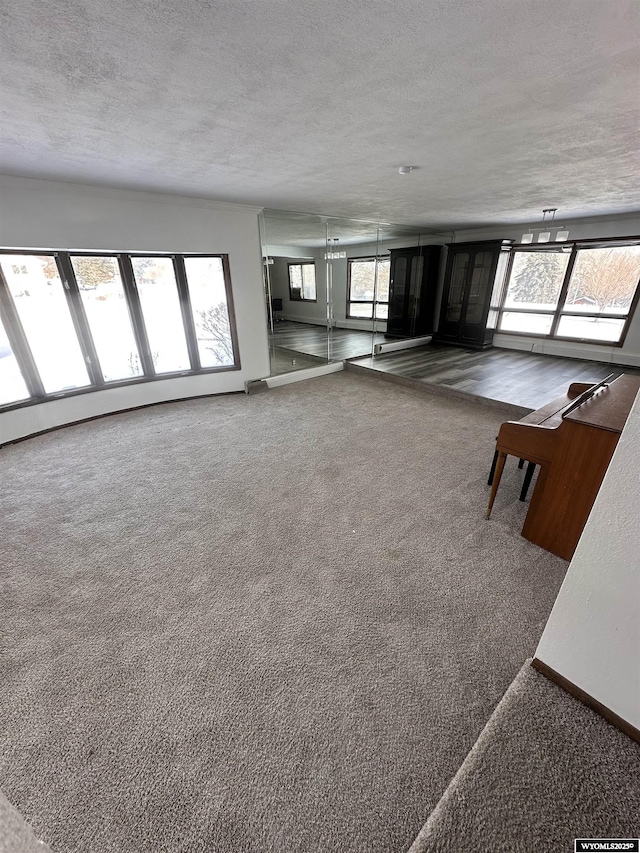 unfurnished living room featuring a textured ceiling and carpet flooring