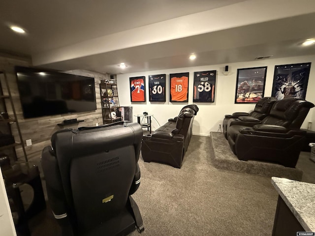 carpeted cinema room featuring recessed lighting and visible vents