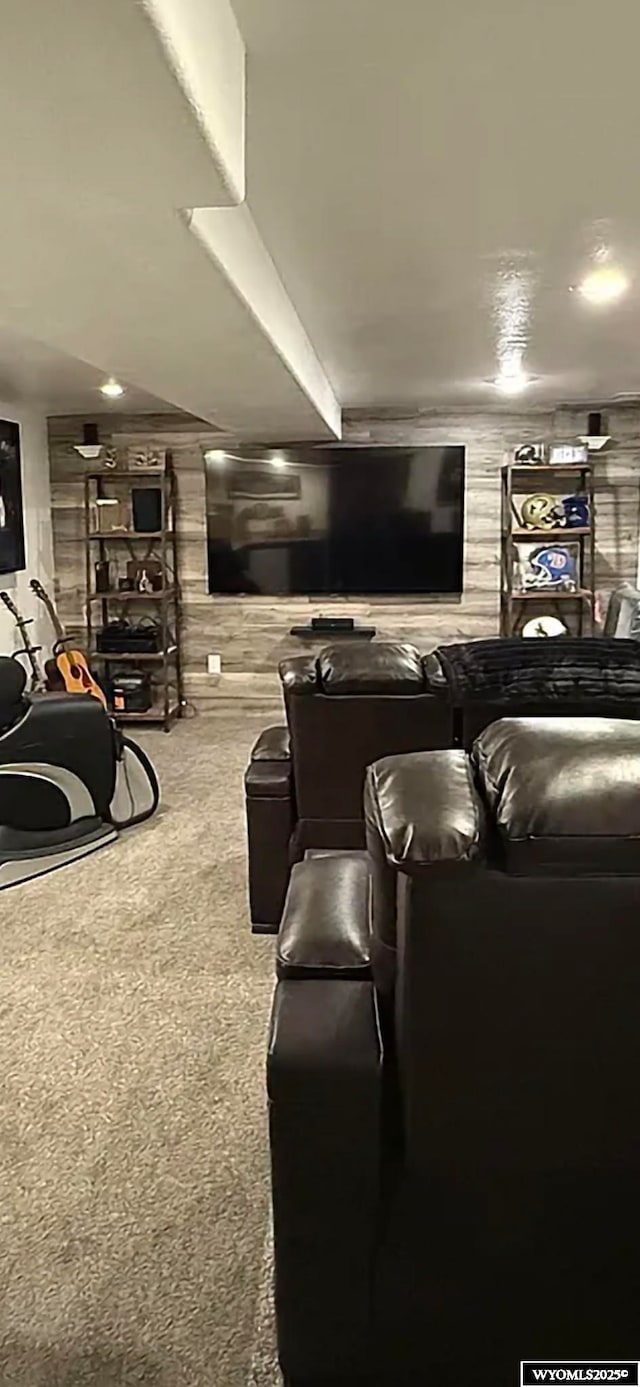 carpeted home theater with wooden walls