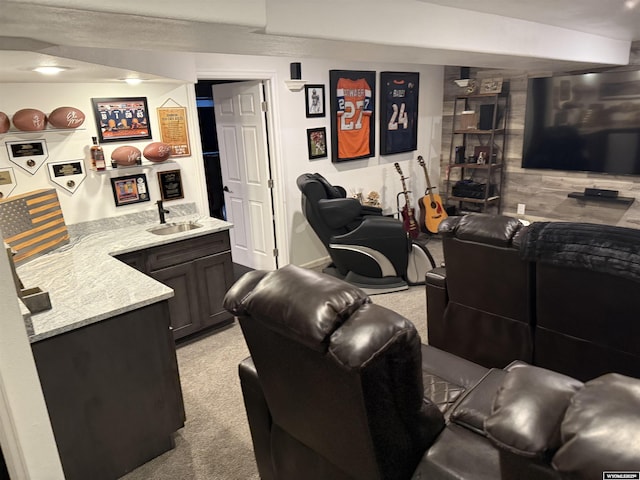 cinema featuring light carpet, a sink, and wet bar