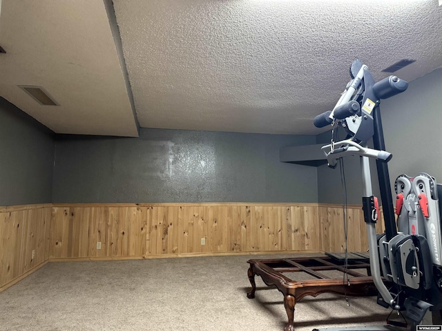 workout room featuring light carpet, wooden walls, and a textured ceiling