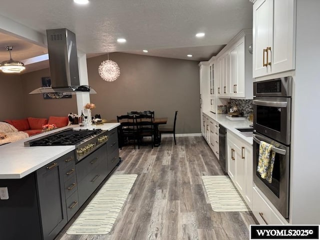 kitchen featuring appliances with stainless steel finishes, white cabinetry, island exhaust hood, hanging light fixtures, and light wood-type flooring