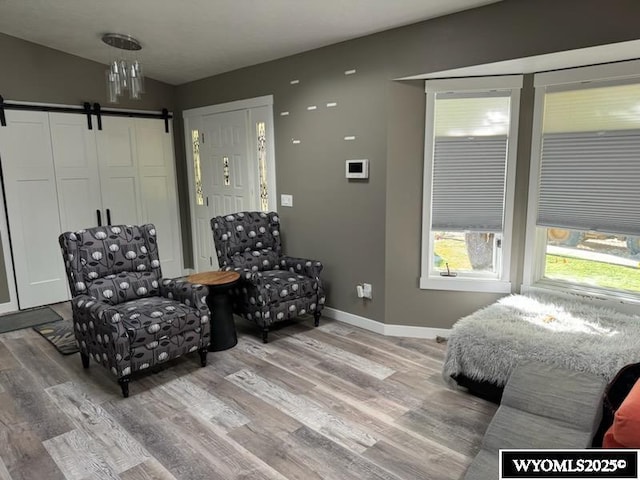 living area with light hardwood / wood-style flooring and a barn door