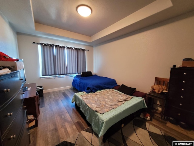 bedroom featuring a raised ceiling and hardwood / wood-style floors