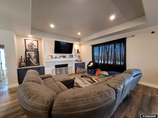 living room featuring a tray ceiling and dark wood-type flooring