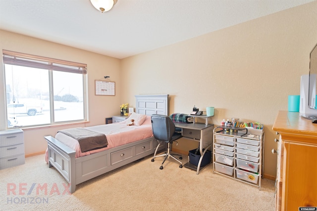 bedroom with light colored carpet