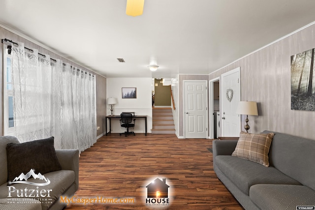 living room with dark hardwood / wood-style floors