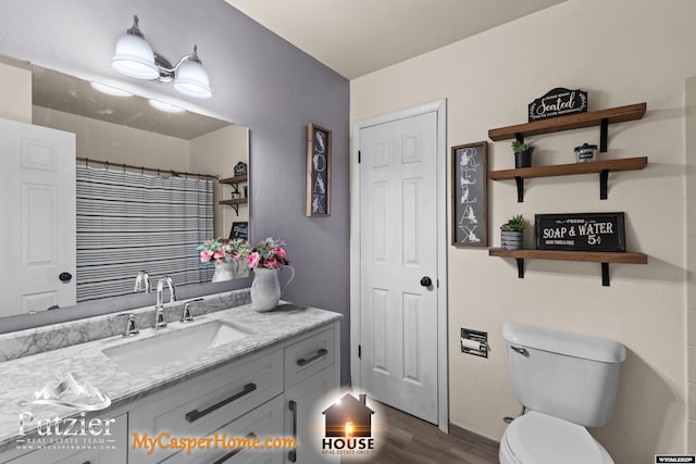 bathroom with vanity, toilet, hardwood / wood-style floors, and curtained shower