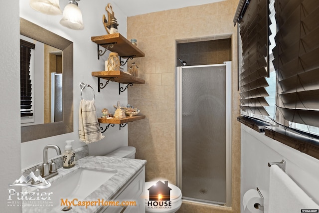 bathroom with toilet, a shower with shower door, and vanity