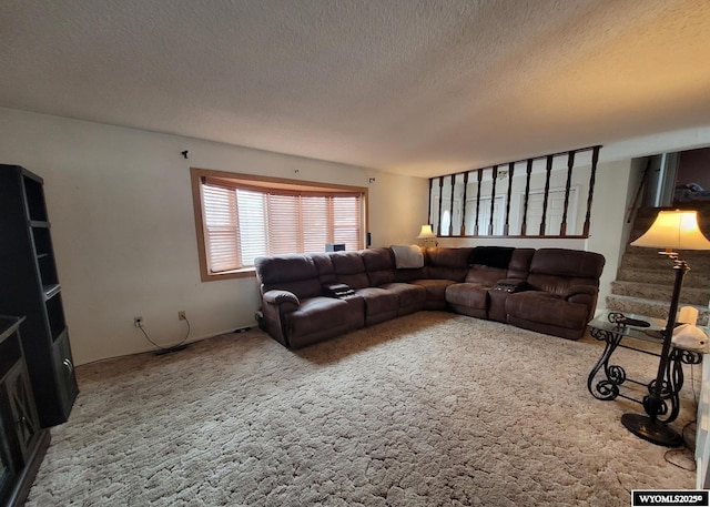 living room with carpet and a textured ceiling