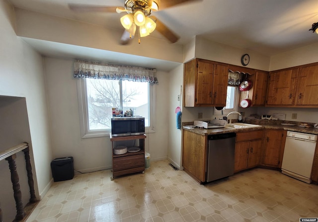 kitchen with ceiling fan, appliances with stainless steel finishes, and sink