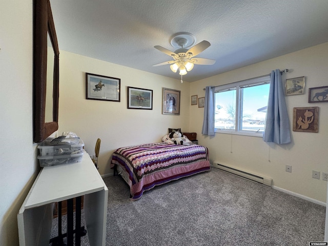 bedroom featuring ceiling fan, baseboard heating, carpet, and a textured ceiling