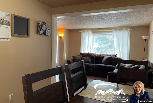 living room with a textured ceiling