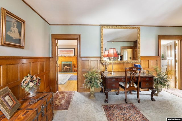 home office with crown molding