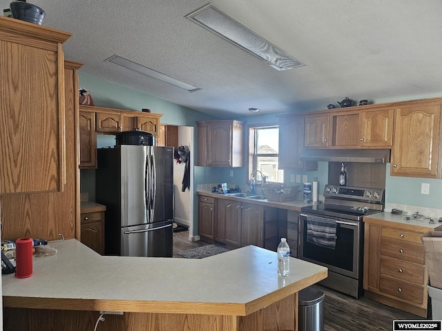 kitchen with a textured ceiling, stainless steel appliances, sink, dark hardwood / wood-style floors, and vaulted ceiling