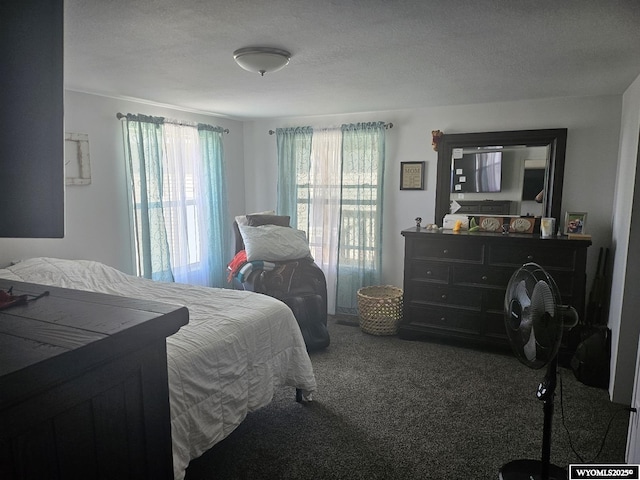 bedroom with carpet, a textured ceiling, and multiple windows