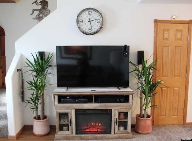 living room with baseboards and a glass covered fireplace