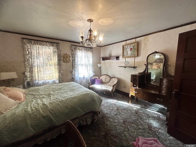 bedroom featuring an inviting chandelier and carpet