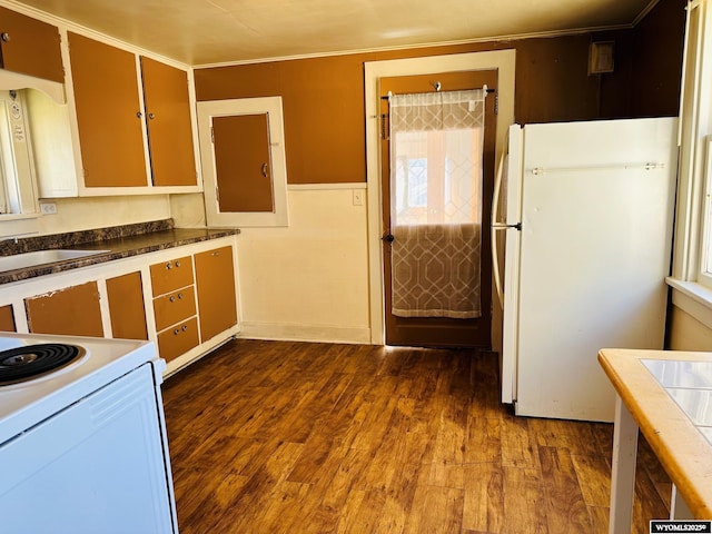 kitchen with white appliances, tile walls, wainscoting, dark wood-type flooring, and a sink