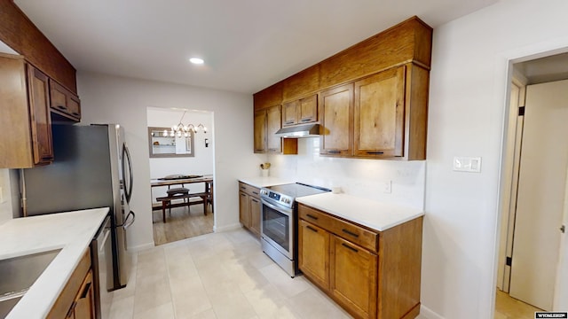 kitchen featuring sink, a chandelier, and electric stove