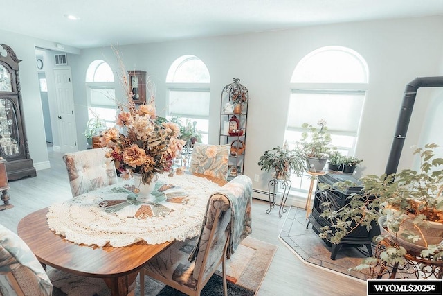 dining area featuring a healthy amount of sunlight and light hardwood / wood-style floors