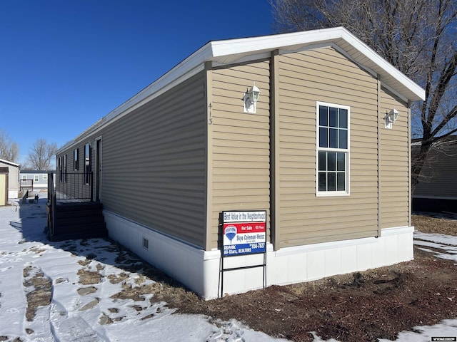 view of snow covered exterior