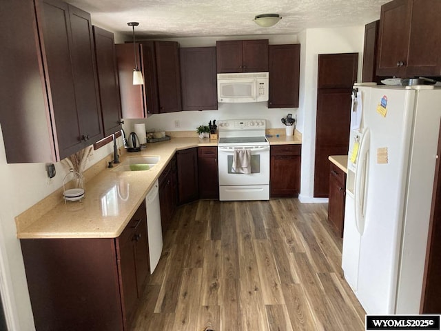 kitchen with sink, wood-type flooring, a textured ceiling, pendant lighting, and white appliances