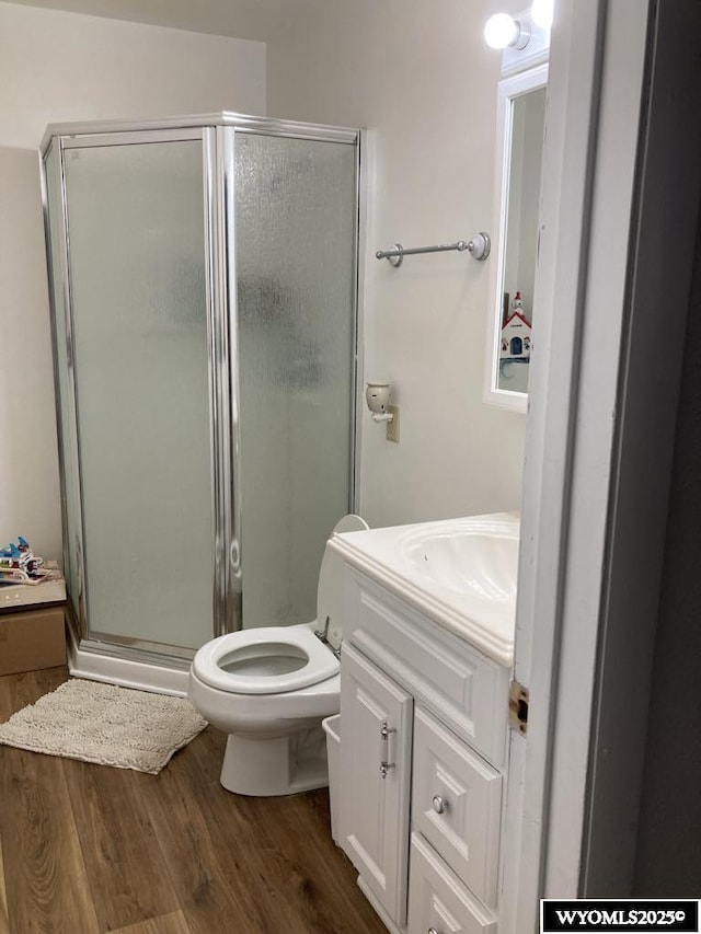 bathroom featuring vanity, wood-type flooring, a shower with door, and toilet