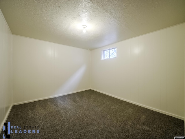 basement with a textured ceiling and carpet flooring