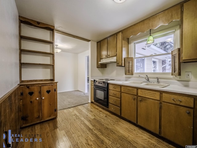 kitchen featuring black range with electric stovetop, sink, and light wood-type flooring