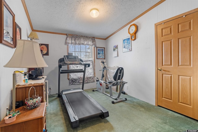 exercise room with ornamental molding, dark carpet, and a textured ceiling