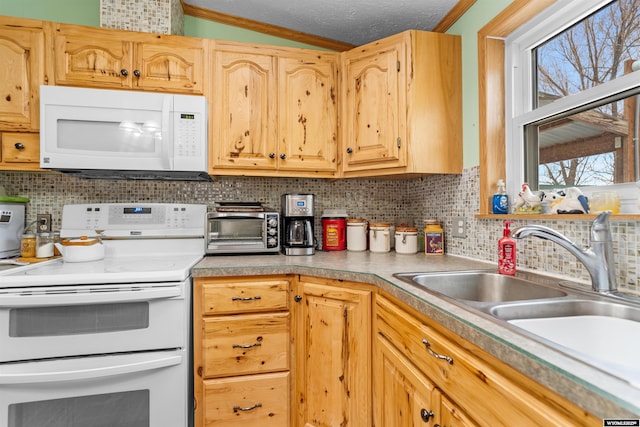 kitchen with sink, light brown cabinets, white appliances, and decorative backsplash