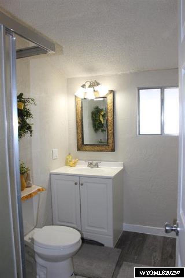 bathroom with vanity, wood finished floors, baseboards, a textured ceiling, and toilet