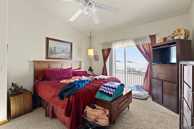 bedroom featuring access to exterior, ceiling fan, lofted ceiling, and carpet