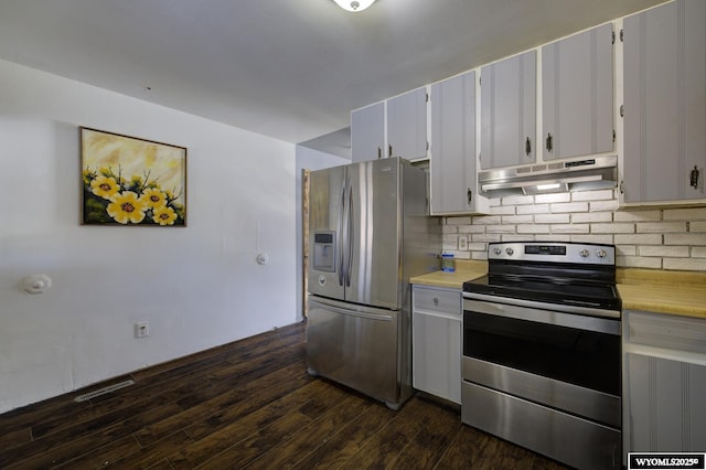 kitchen with dark hardwood / wood-style flooring, decorative backsplash, white cabinets, and appliances with stainless steel finishes