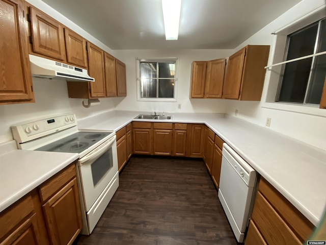 kitchen with dark wood-type flooring, white appliances, and sink