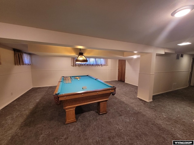 recreation room featuring pool table and dark carpet