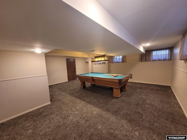 rec room with pool table and dark carpet