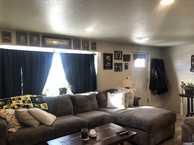 living area featuring a textured ceiling