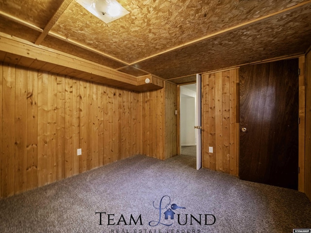 interior space featuring carpet flooring and wooden walls