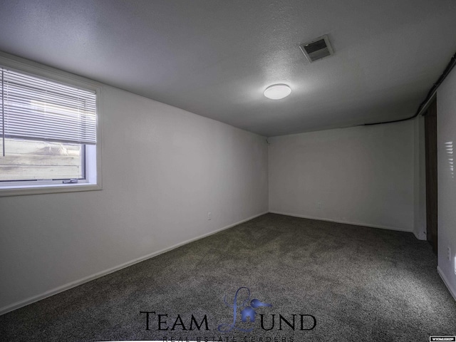 unfurnished room with carpet and a textured ceiling