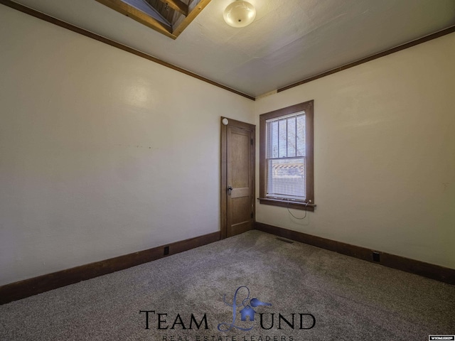 empty room featuring ornamental molding and carpet