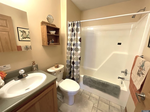 full bathroom with shower / bathtub combination with curtain, vanity, and toilet